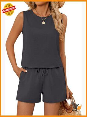 Women's 2 Piece Cotton Linen Vest & Shorts Set Summer Outfit